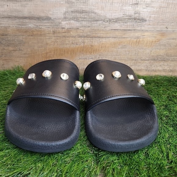 New Stuart WeitzmanWomen's Black Pearlshine Pool Leather Slide Sz 11.0 - Picture 6 of 11